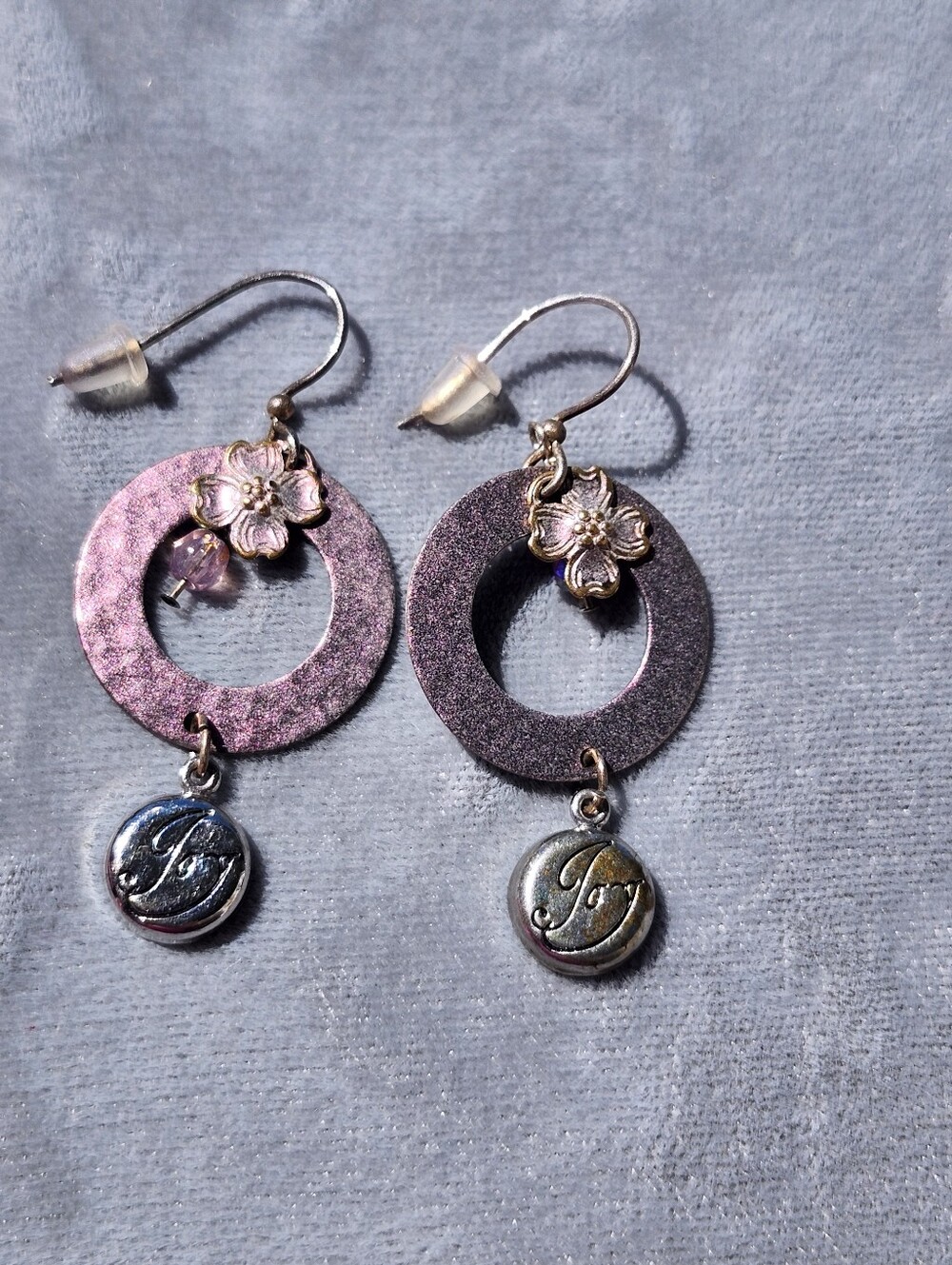 Jody Coyote Purple Floral Circle Drop Earrings with 'Joy' Charm